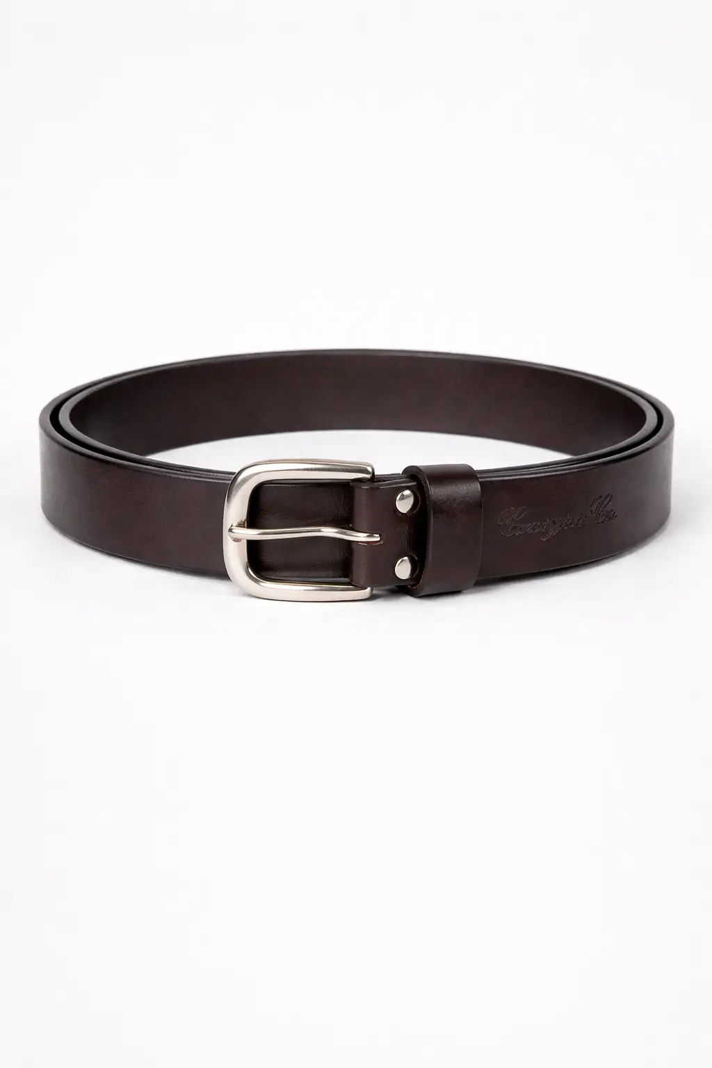 Brown leather belt with silver buckle