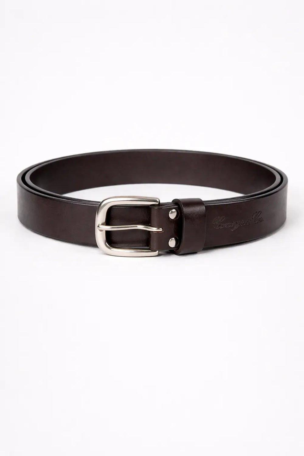 Brown leather belt with silver buckle