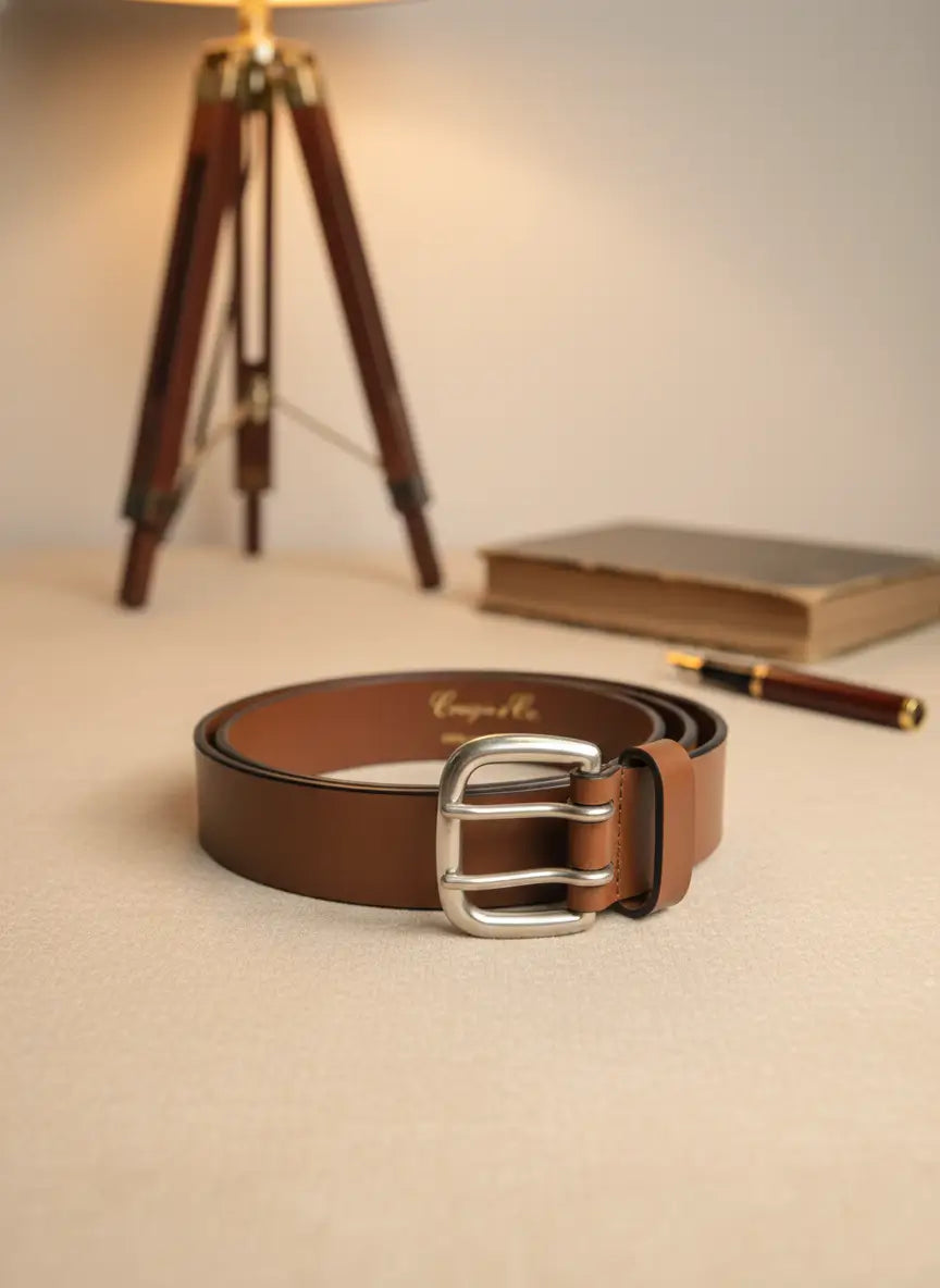 Brown leather belt with silver buckle on a beige surface with a blurred background