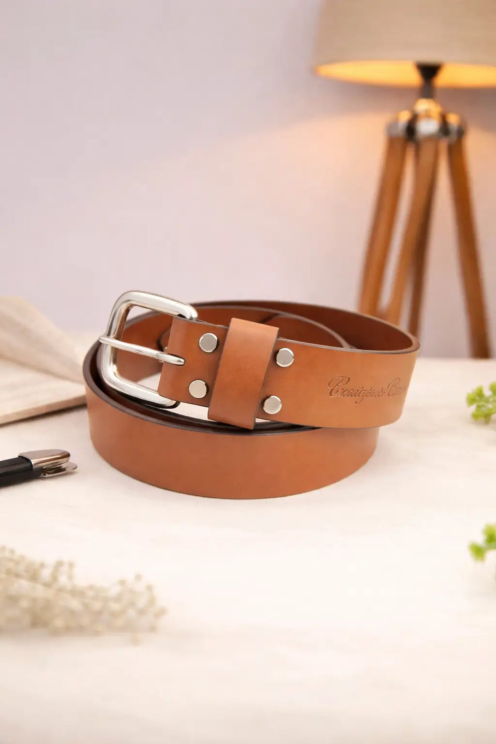 Brown leather belt with silver buckle on a light surface with a lamp in the background